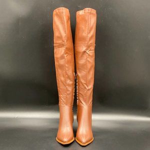 FSJ Brown Pointed Closed Toe Chunky Thick Low Heel Over The Knee Booties